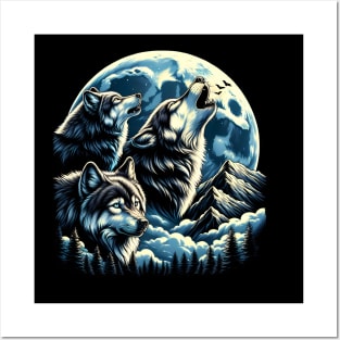 Three Wolves howling at the moon - Moonlight Posters and Art